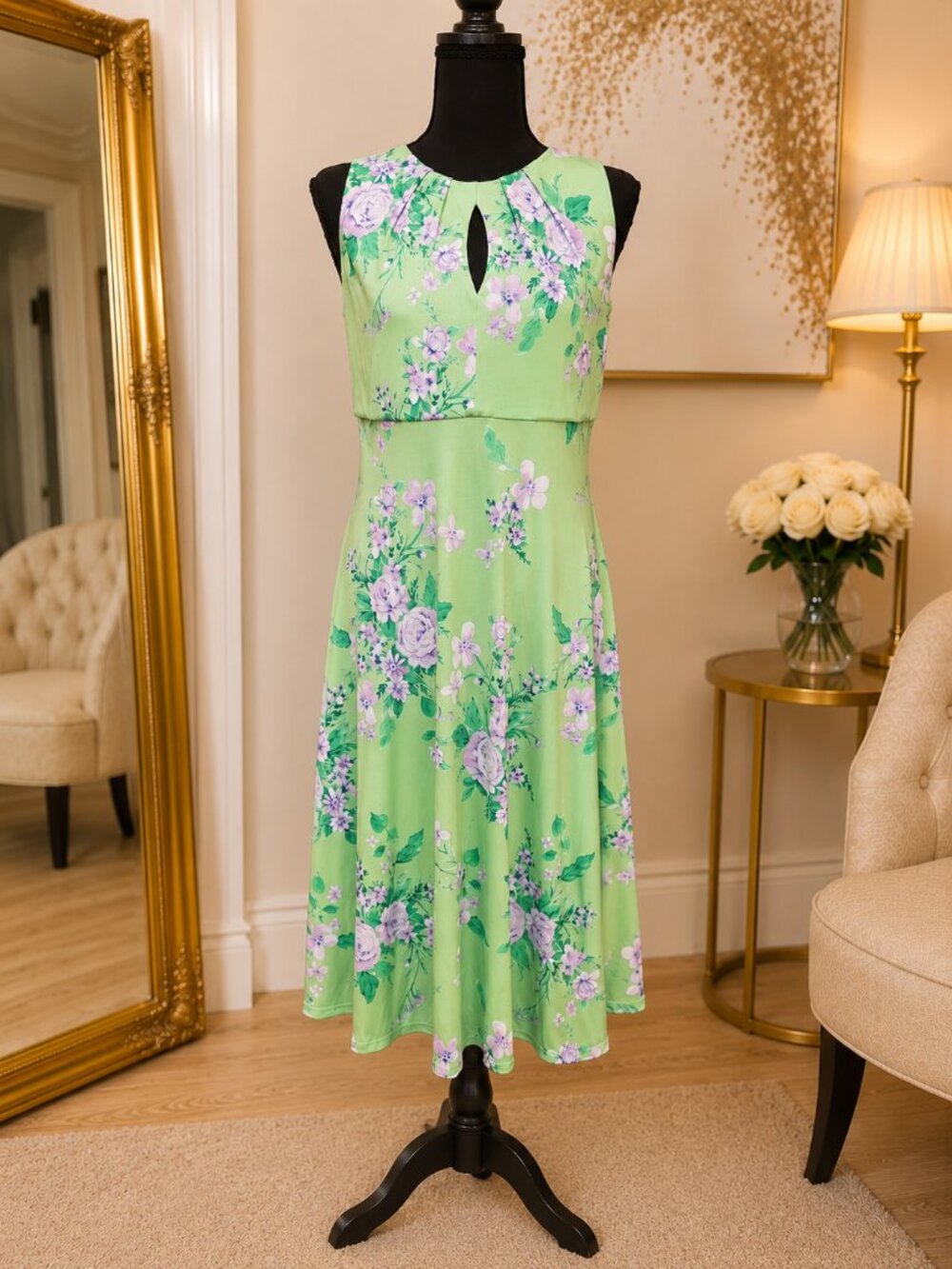 Green Floral Sleeveless Midi Dress